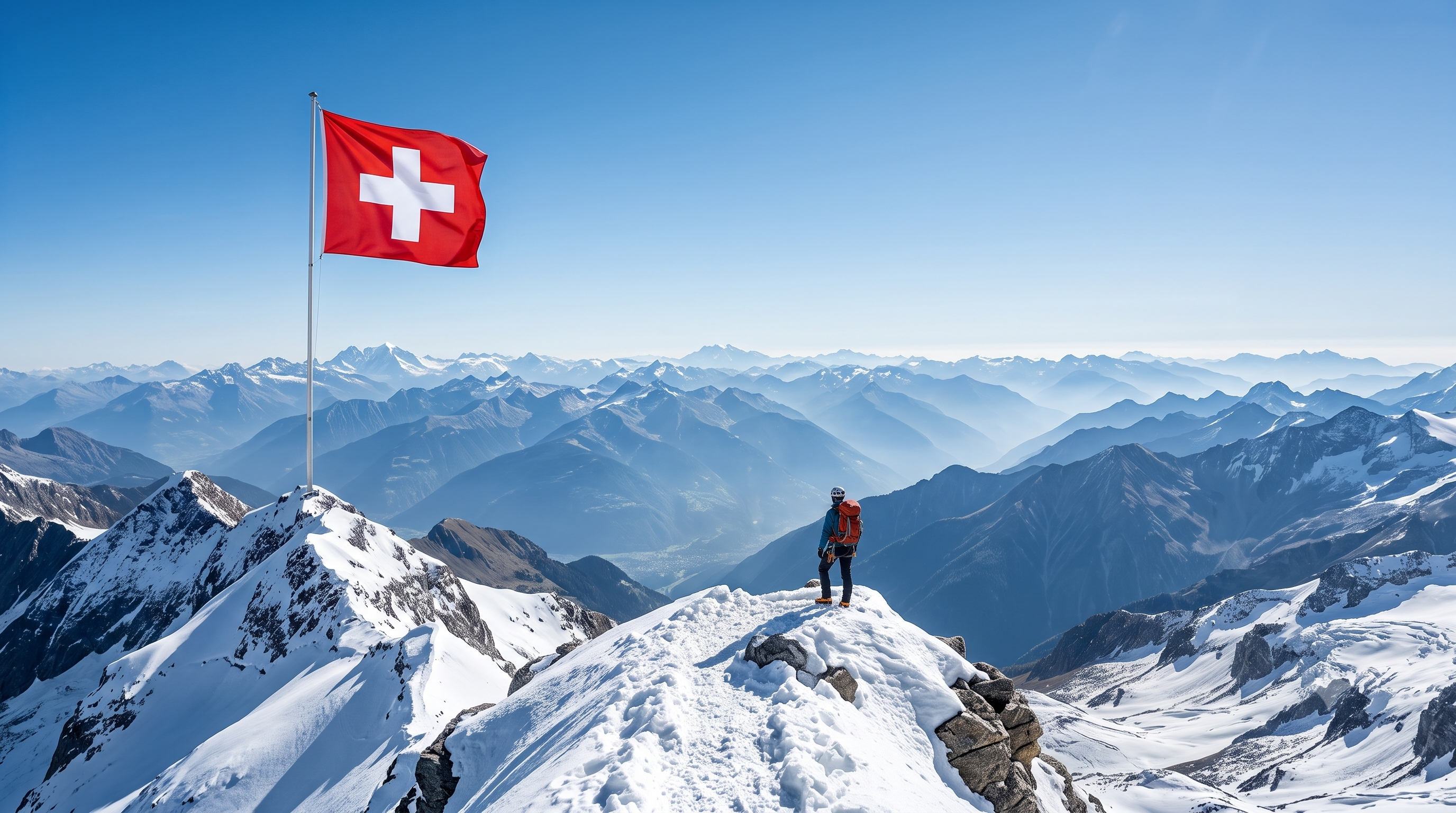 Swiss alpine summit with Swiss flag